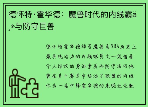 德怀特·霍华德：魔兽时代的内线霸主与防守巨兽